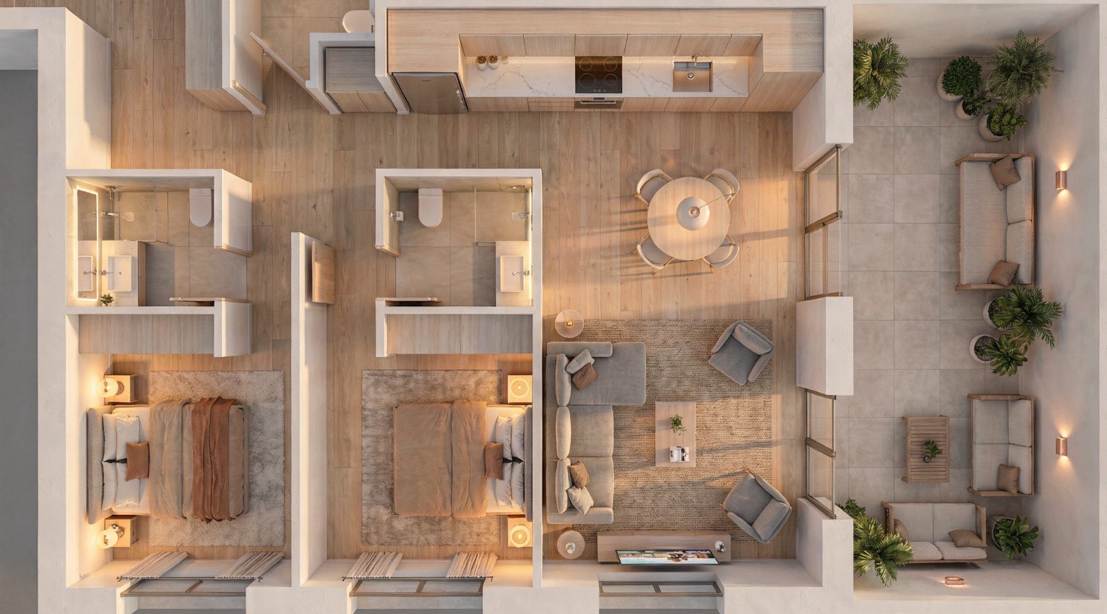 Exemplo tridimensional de apartamento T2 com varanda